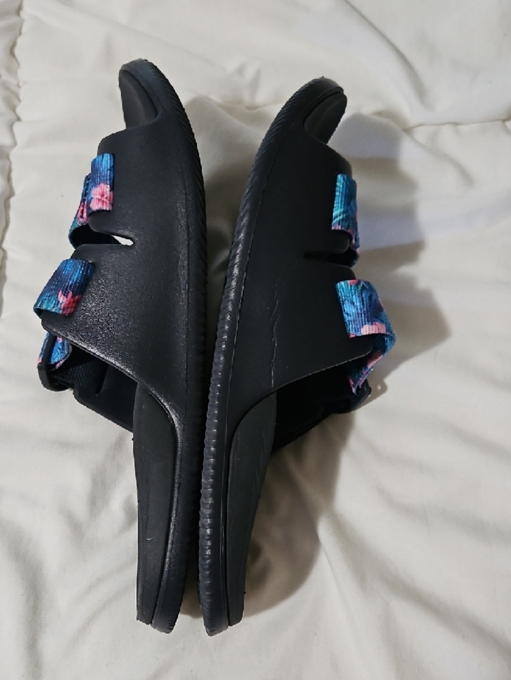 Chaco Black Slide Sandals with Blue Floral Straps - Picture 2 of 4